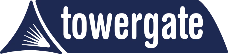 Towergate company logo in blue featuring stylized triangular peak design.